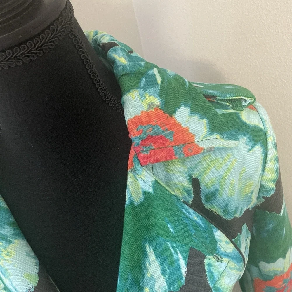 BANANA REPUBLIC Sz S Floral Belted Trench Coat Green Multicolor Double‎ Breasted